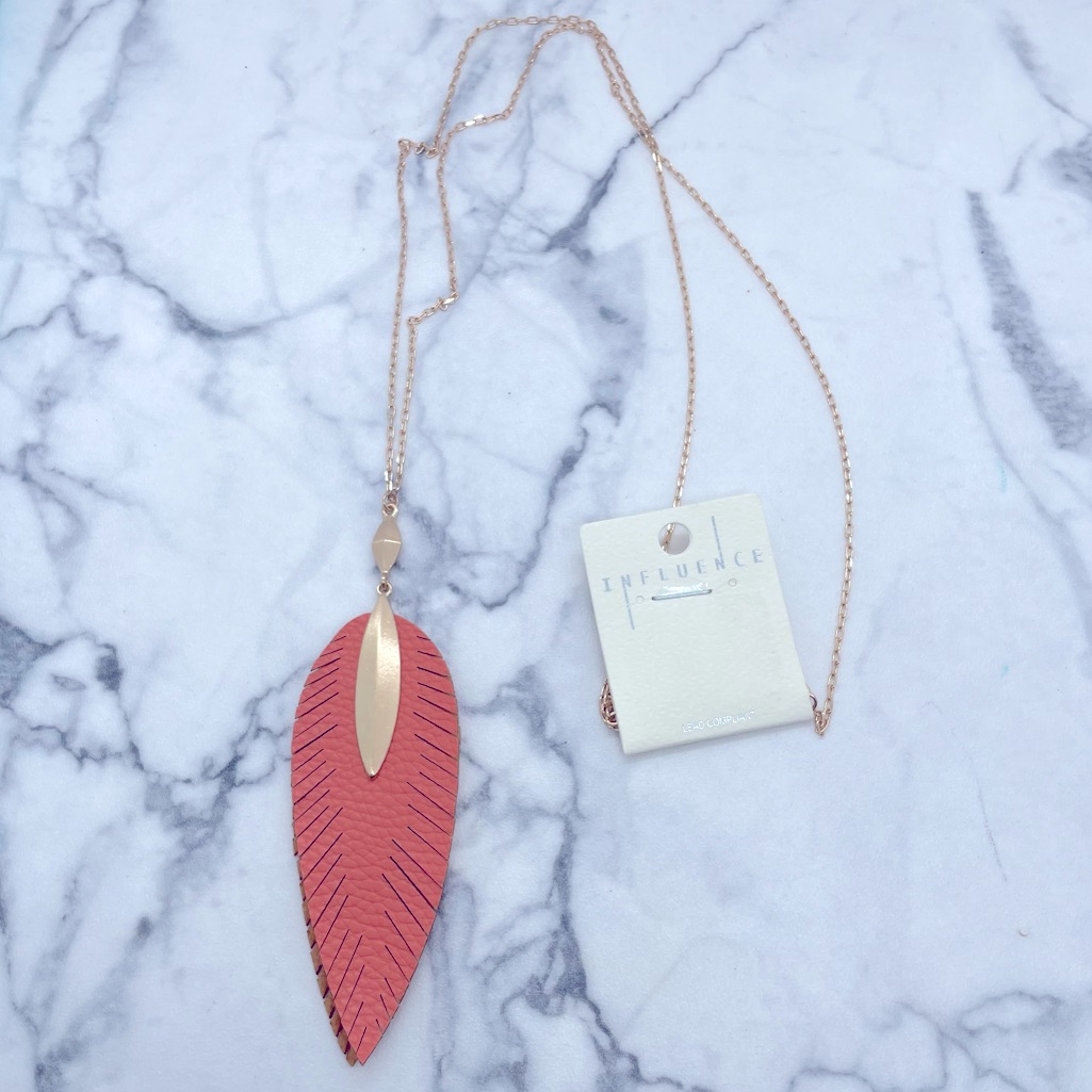 Long Gold Tone Necklace With Faux Leather Feather New Influence